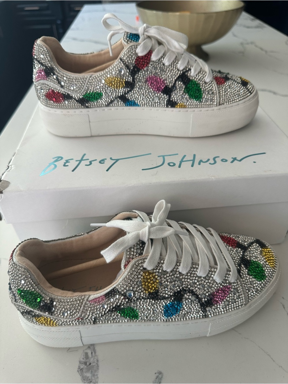 Betsey Johnson Silver Crystal Sneakers with Multicolor Christmas Lights Accents - Picture 1 of 8